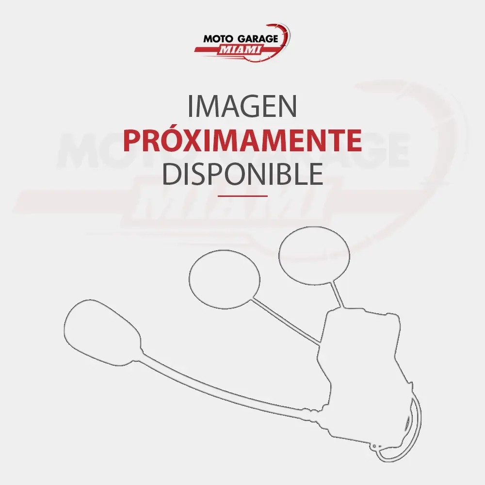 Logo de Moto Garage Miami, texto 'IMAGEN PRÓXIMAMENTE DISPONIBLE', ilustración esquemática de un sistema de intercomunicación para casco de motocicleta con dos auriculares y unidad de control.