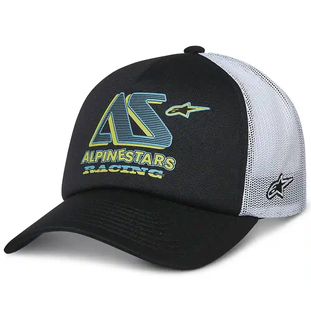 Toma estructural y acabado gráfico Negro/Blanco del modelo Ayess Trucker / Gorra - Moto Garage Miami