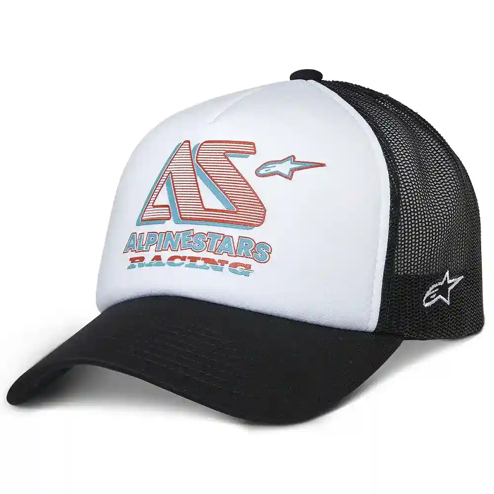 Materiales y estética visual de la versión Blanco/Negro del Ayess Trucker / Gorra - Moto Garage Miami