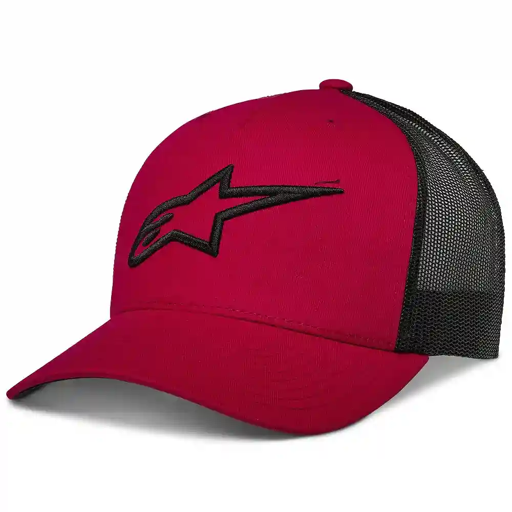Materiales y estética visual de la versión Rojo/Negro del Ageless Trucker / Gorra - Moto Garage Miami