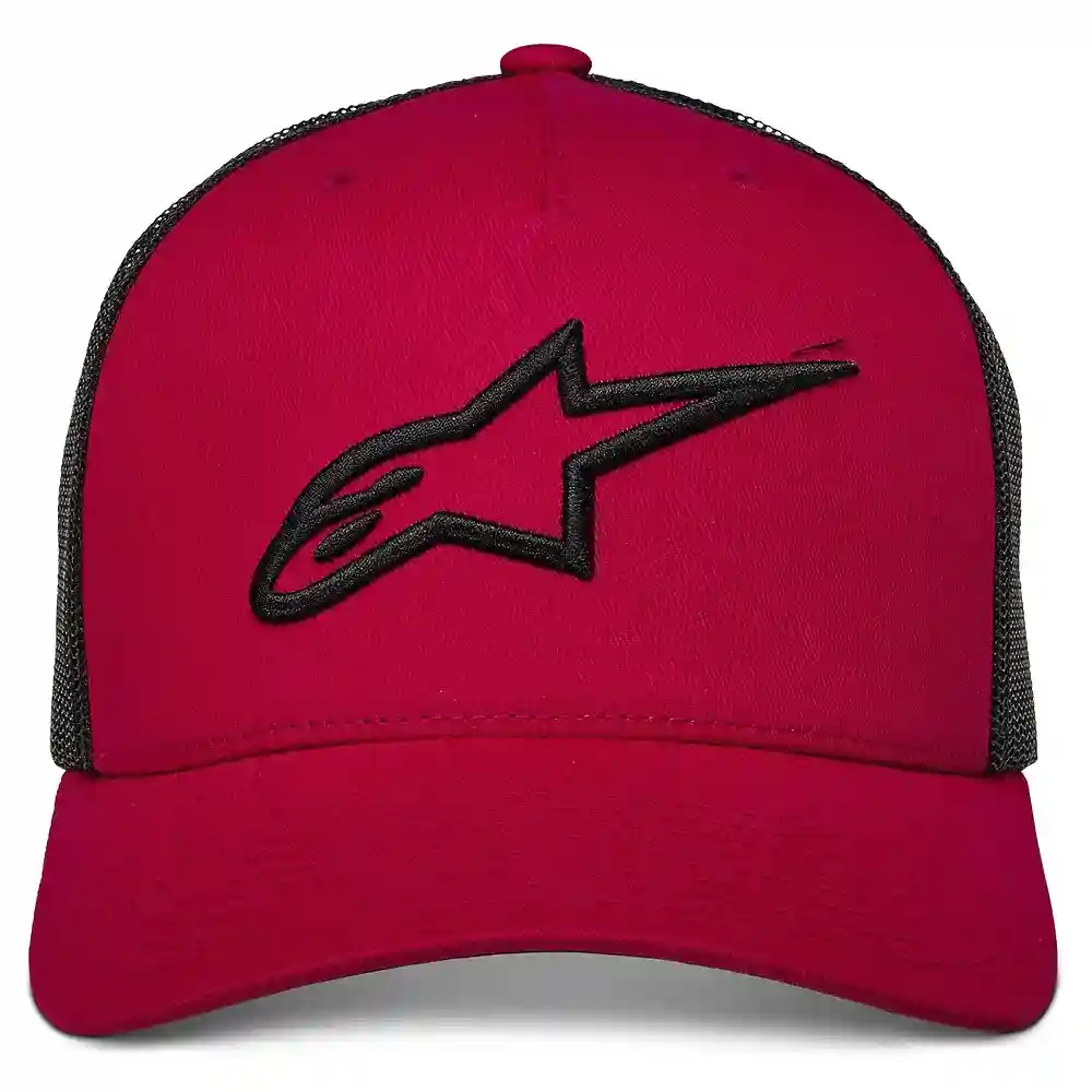 Vista frontal y diseño de calota del Ageless Trucker / Gorra Alpinestars - Moto Garage Miami