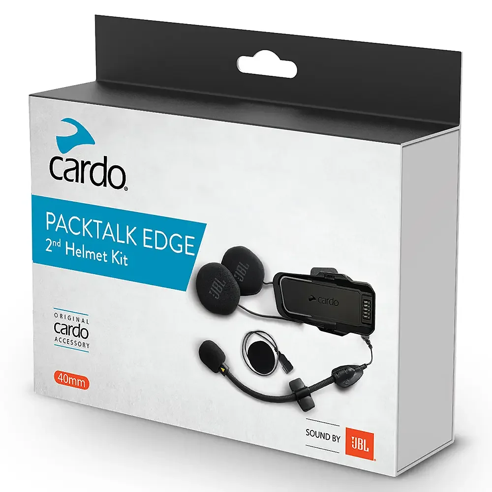 Vista frontal y diseño de calota del Kit 2do. Casco PackTalk Edge JBL - Moto Garage Miami