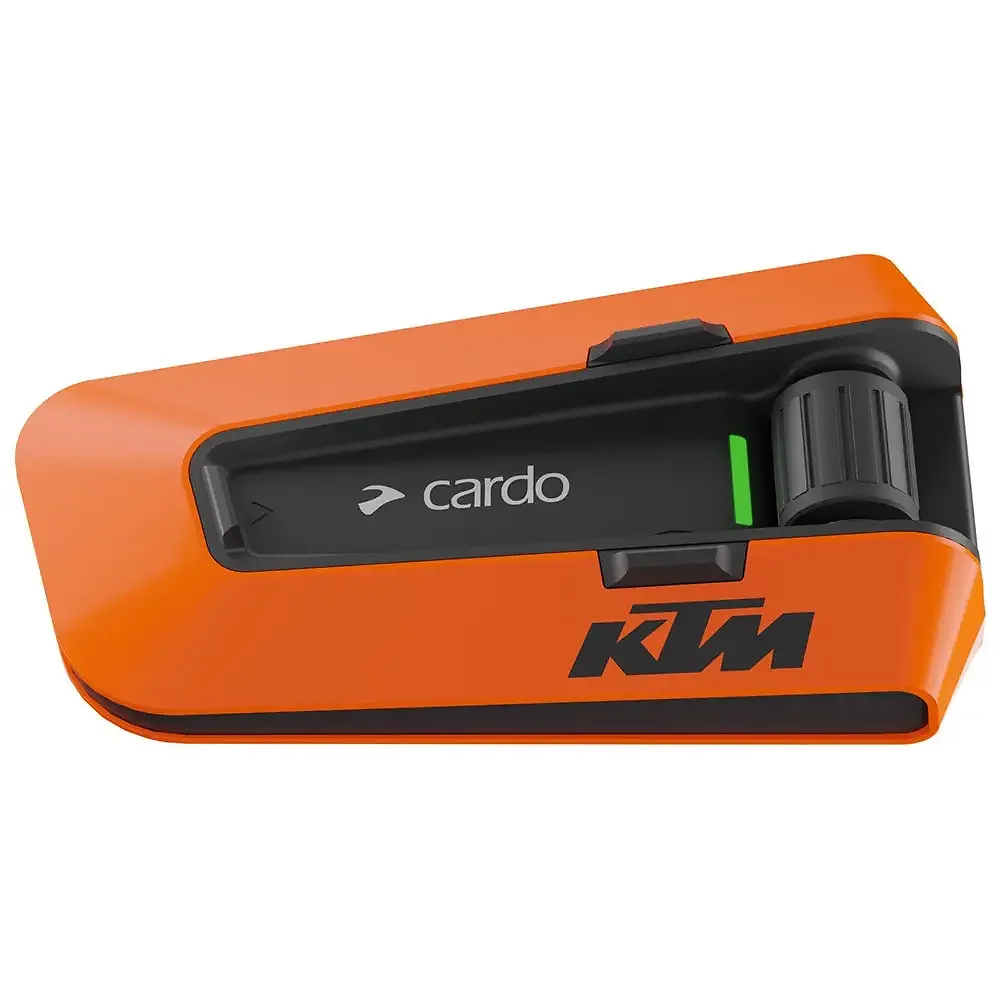 Vista frontal y diseño de calota del PACKTALK EDGE KTM / Sistema de Comunicación CARDO - Moto Garage Miami