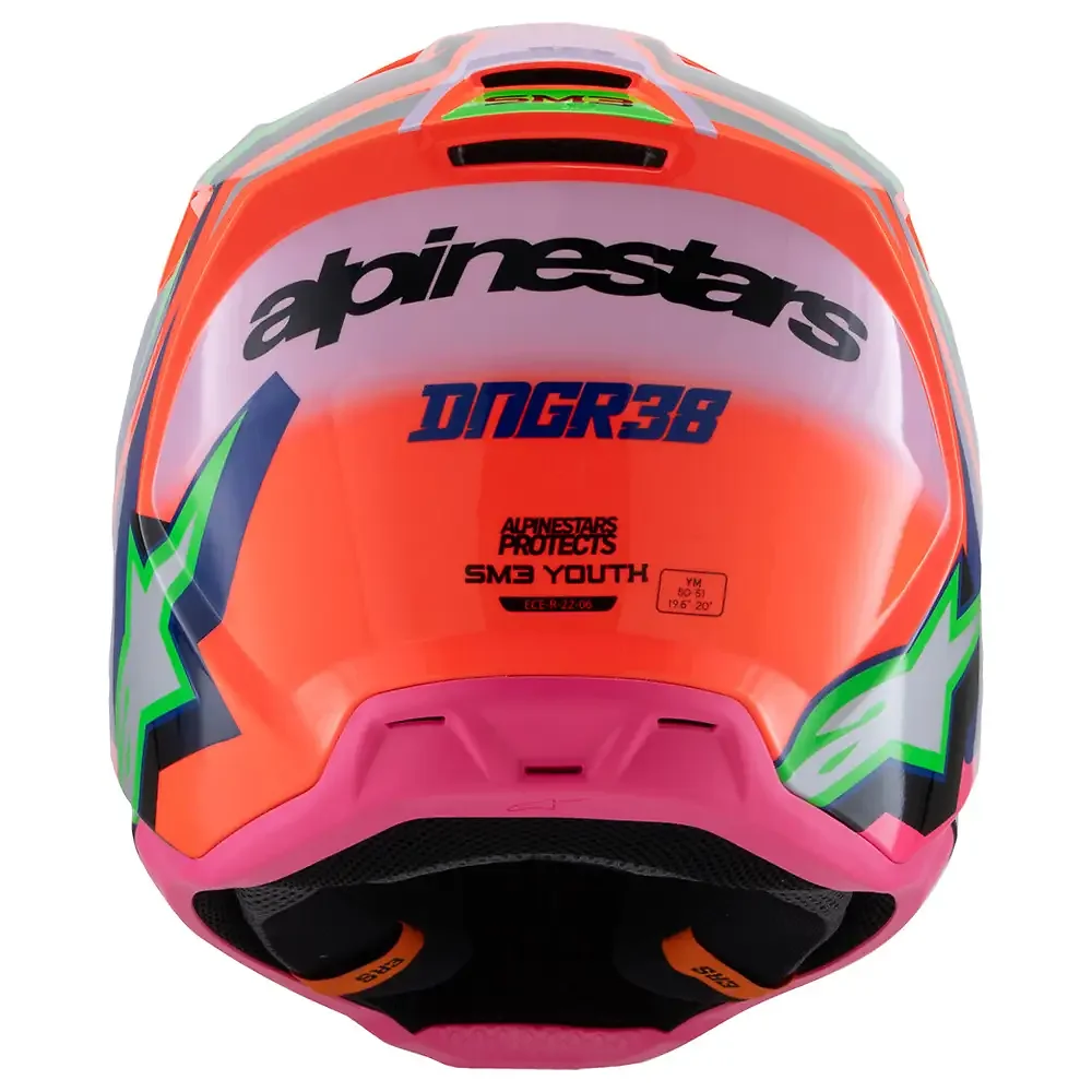 Vista frontal y diseño de calota del SM3 DEEGAN (NIÑOS) - Casco Alpinestars - Moto Garage Miami