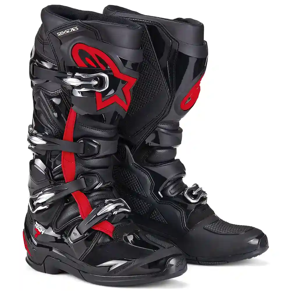 Detalle de pintura y diseño en tonalidad Negro/Rojjo Fluor, 14 del TECH 7 MX / Botas - Moto Garage Miami
