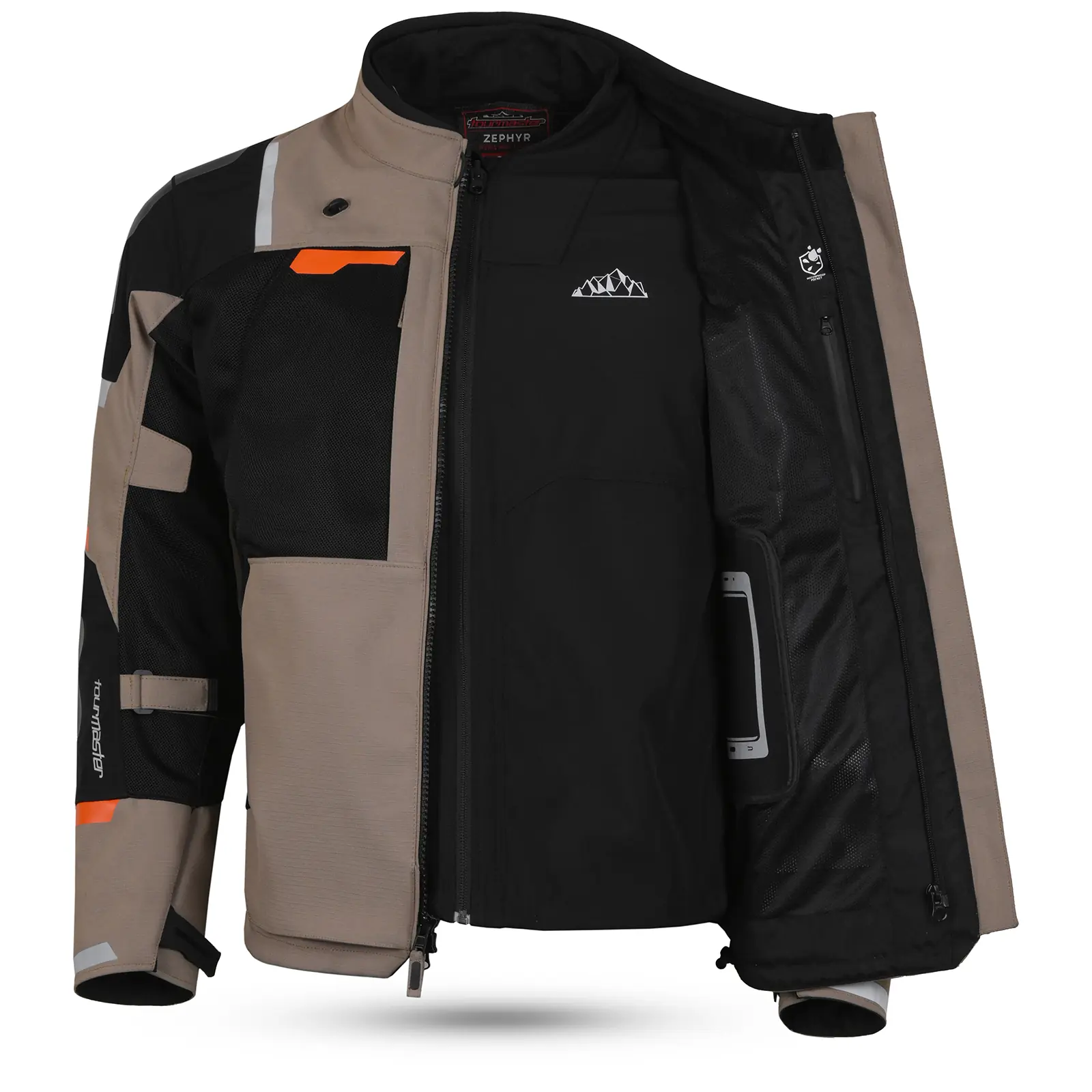 Chaqueta de motocicleta Tourmaster Zephyr, vista frontal abierta, colores negro y beige con detalles reflectantes, forro interior mesh visible, bolsillo para teléfono.