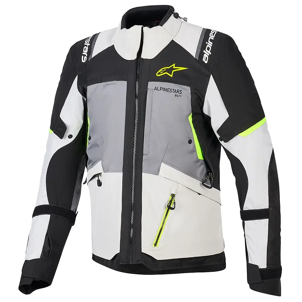 Detalle de pintura y diseño en tonalidad Gris Oscuro/Gris Hielo/Negro/Amarillo Fluo, 4XL del Andes V4 Drystar® / Chaqueta - Moto Garage Miami