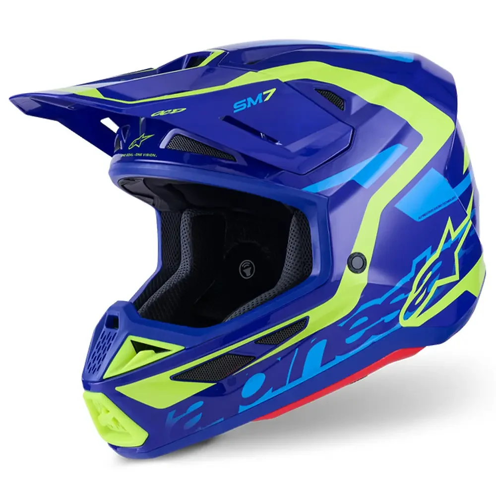 Detalle de pintura y diseño en tonalidad Azul/Amarillo Fluor Brillante, 2XL del SM7 DEED - Casco - Moto Garage Miami