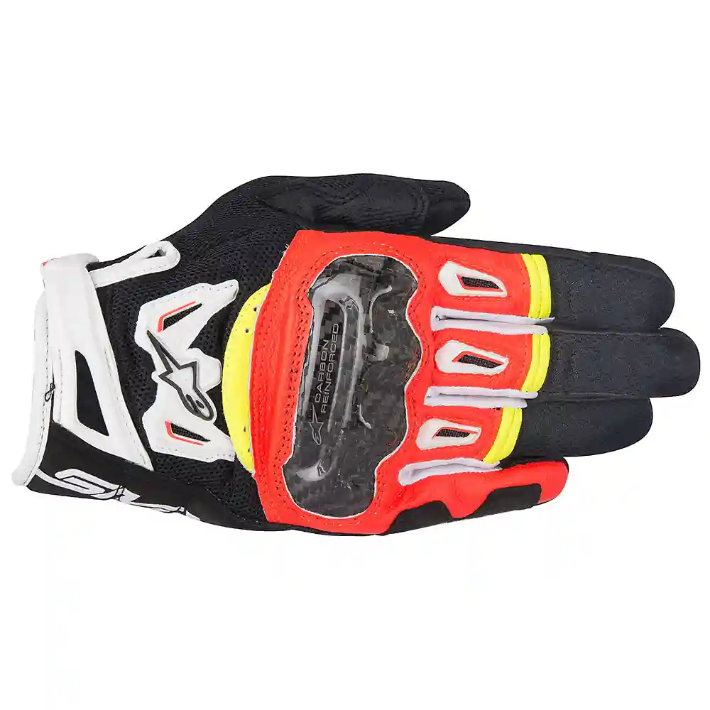 Materiales y estética visual de la versión Negro/Rojo Fluor/Blanco/Amarillo Fluor, 3XL del Guantes SMX-2 AIR CARBON V2 - Moto Garage Miami