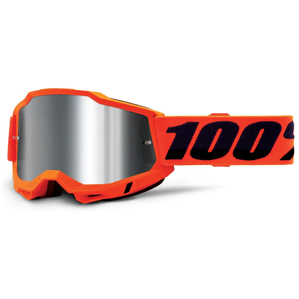 Detalle de pintura y diseño en tonalidad Espejo Plata, Naranja del Goggles 100% ACCURI 2 - Moto Garage Miami