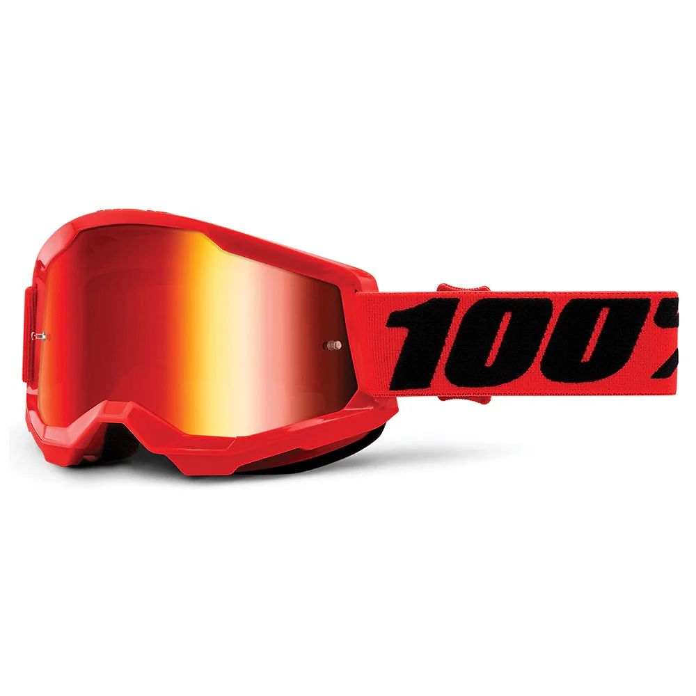 Detalle de pintura y diseño en tonalidad Espejo Rojo, Rojo del Goggles 100% STRATA 2 JUNIOR (Juvenil) - Moto Garage Miami