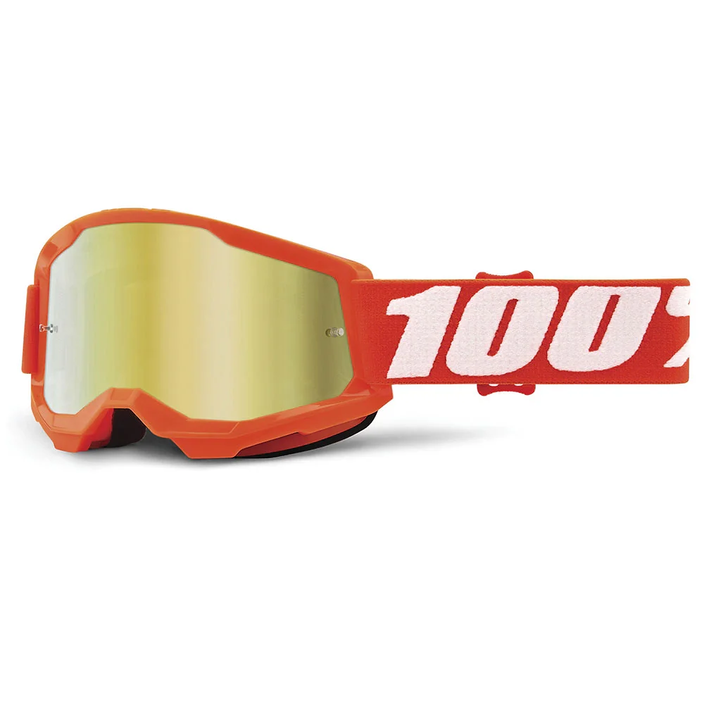 Materiales y estética visual de la versión Espejo Oro, Naranja del Goggles 100% STRATA 2 JUNIOR (Juvenil) - Moto Garage Miami