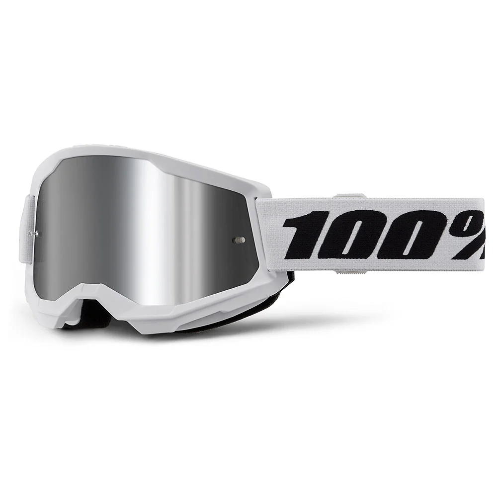 Materiales y estética visual de la versión Espejo Plata, Blanco del Goggles 100% STRATA 2 JUNIOR (Juvenil) - Moto Garage Miami