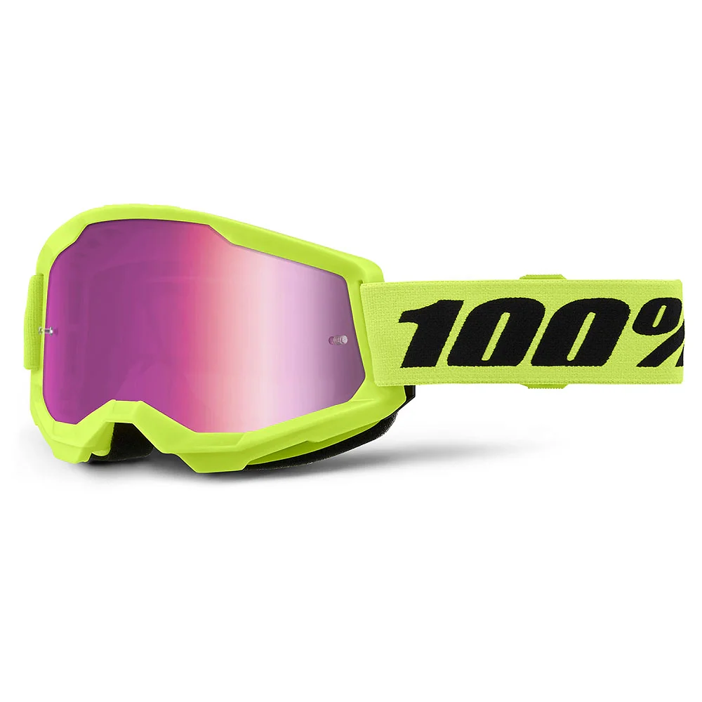Materiales y estética visual de la versión Espejo Rosa, Amarillo Fluorescente del Goggles 100% STRATA 2 JUNIOR (Juvenil) - Moto Garage Miami
