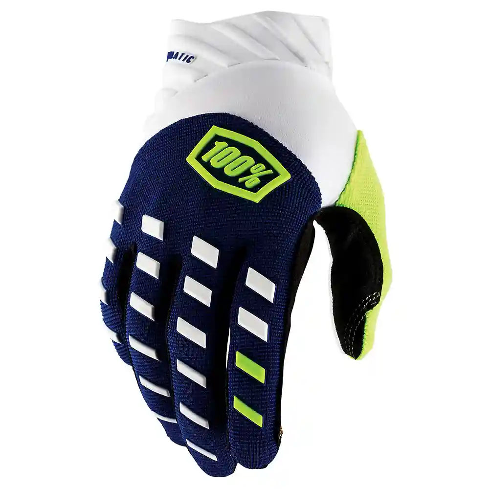 Materiales y estética visual de la versión Azul Marino/Blanco/Amarillo Fluor, 2XL del Guantes 100% AIRMATIC - Moto Garage Miami