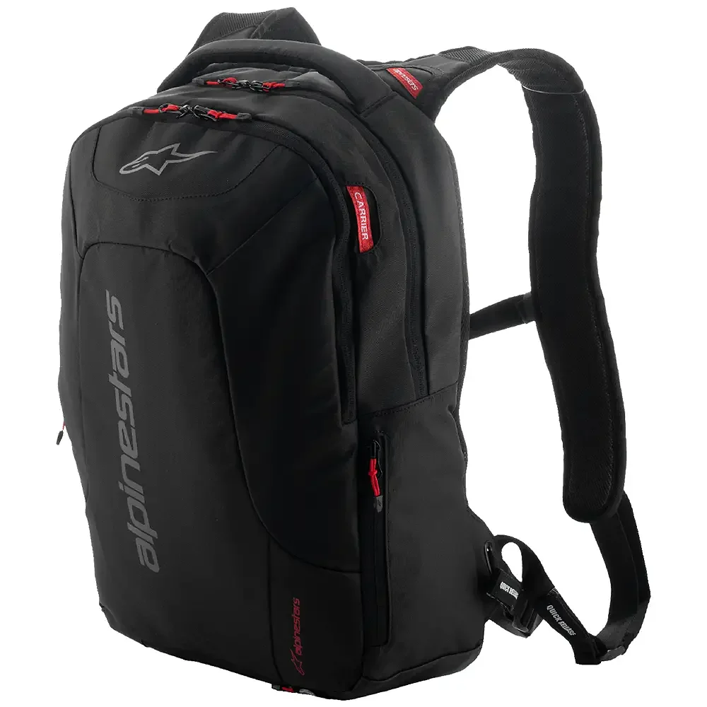 Vista frontal y diseño de calota del Mochila Alpinestars City Hunter V2 - Moto Garage Miami