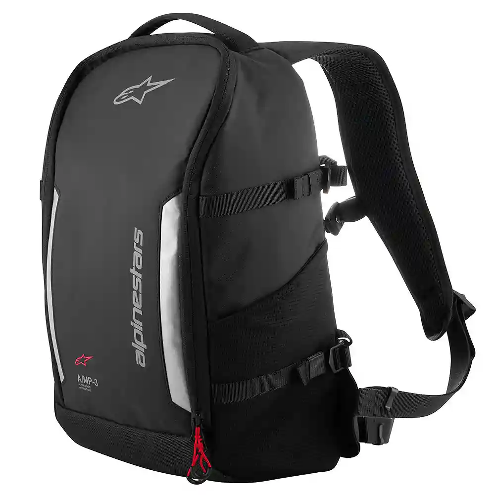 Vista frontal y diseño de calota del Mochila Alpinestars AMP 3 - Moto Garage Miami