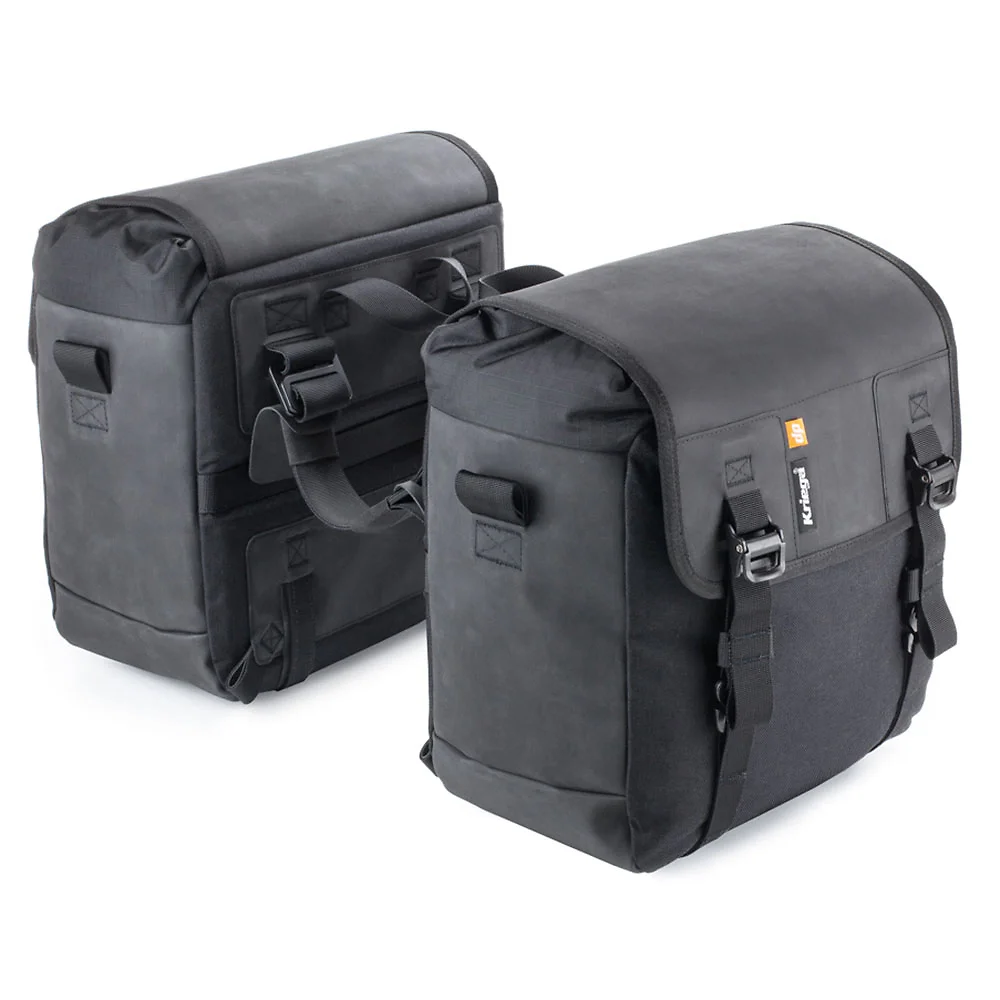 Vista frontal y diseño de calota del Kriega SADDLEBAGS DUO-28 - Moto Garage Miami