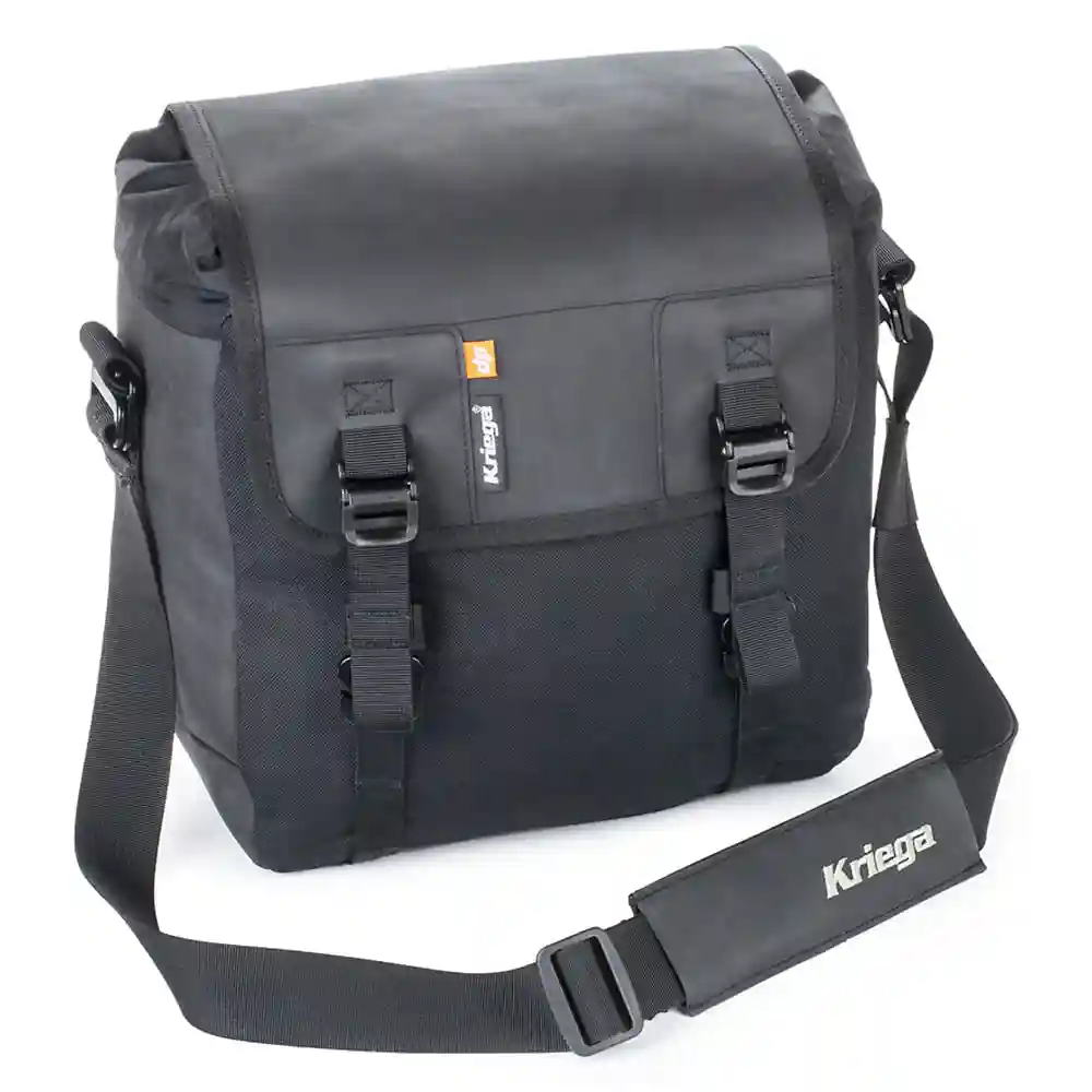 Vista frontal y diseño de calota del Kriega SADDLEBAG SOLO-14 - Moto Garage Miami