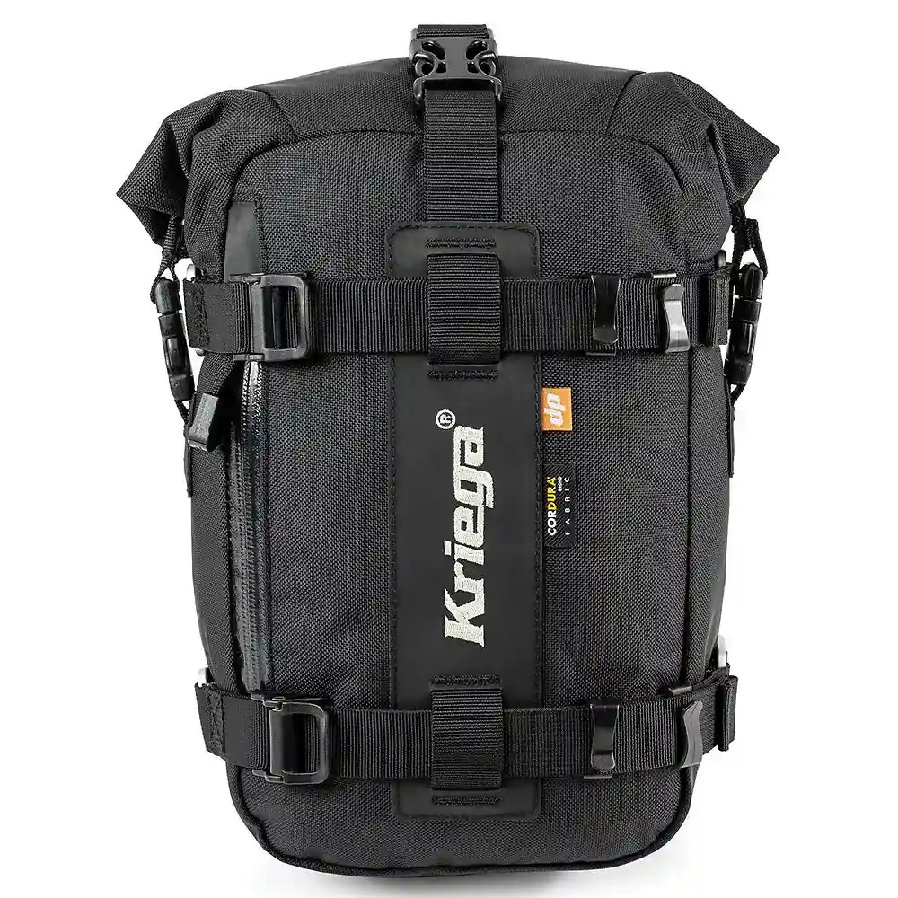 Vista frontal y diseño de calota del Kriega US-5 Drypack - Moto Garage Miami