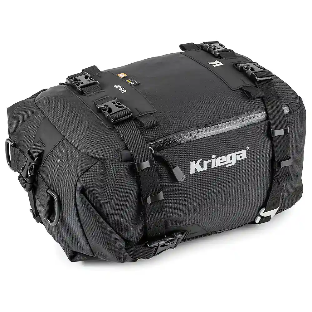 Vista frontal y diseño de calota del Kriega US-20 Drypack - Moto Garage Miami