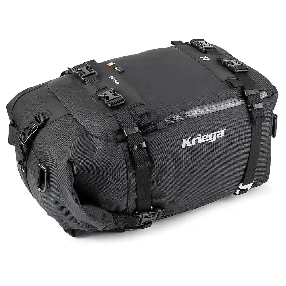 Vista frontal y diseño de calota del Kriega US-30 Drypack - Moto Garage Miami