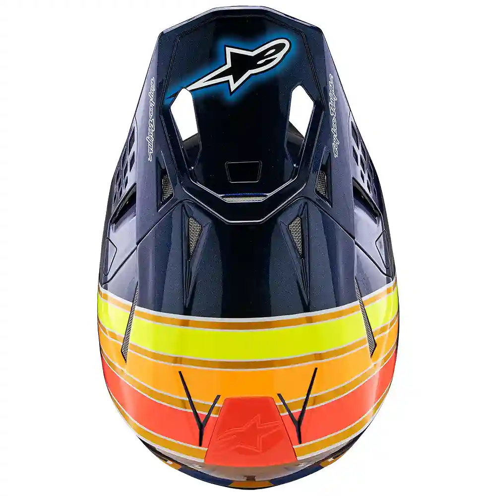 Vista frontal y diseño de calota del S-M10 Edición Troy Lee Designs Casco Alpinestars - Moto Garage Miami