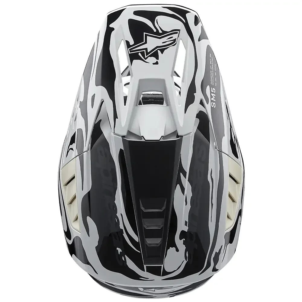 Vista frontal y diseño de calota del SM5 MINERAL Gris Frío/Gris Oscuro Brillante Casco Alpinestars - Moto Garage Miami
