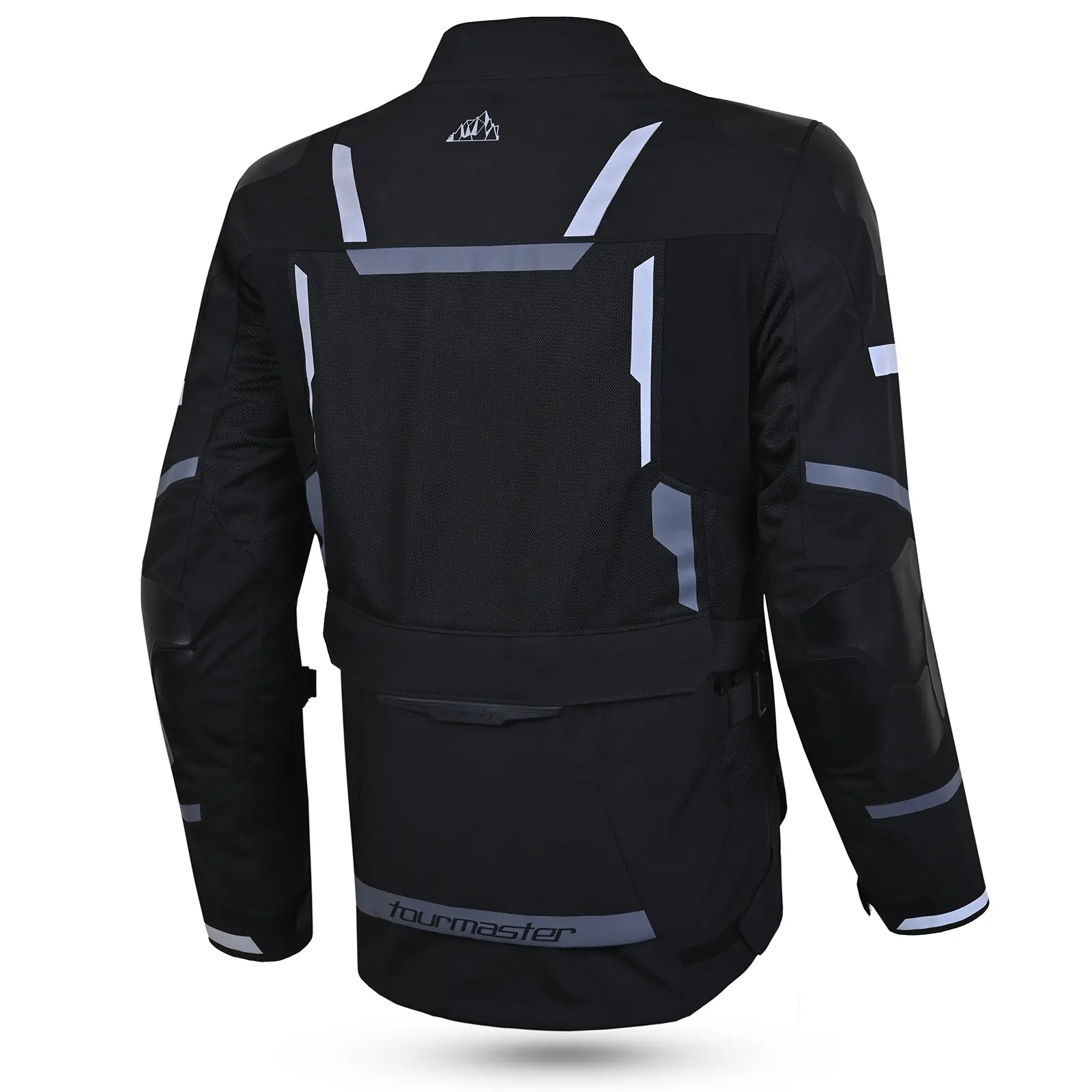 Vista posterior de chaqueta de motocicleta Tourmaster negra con detalles reflectantes, paneles de ventilación y logo de montaña.