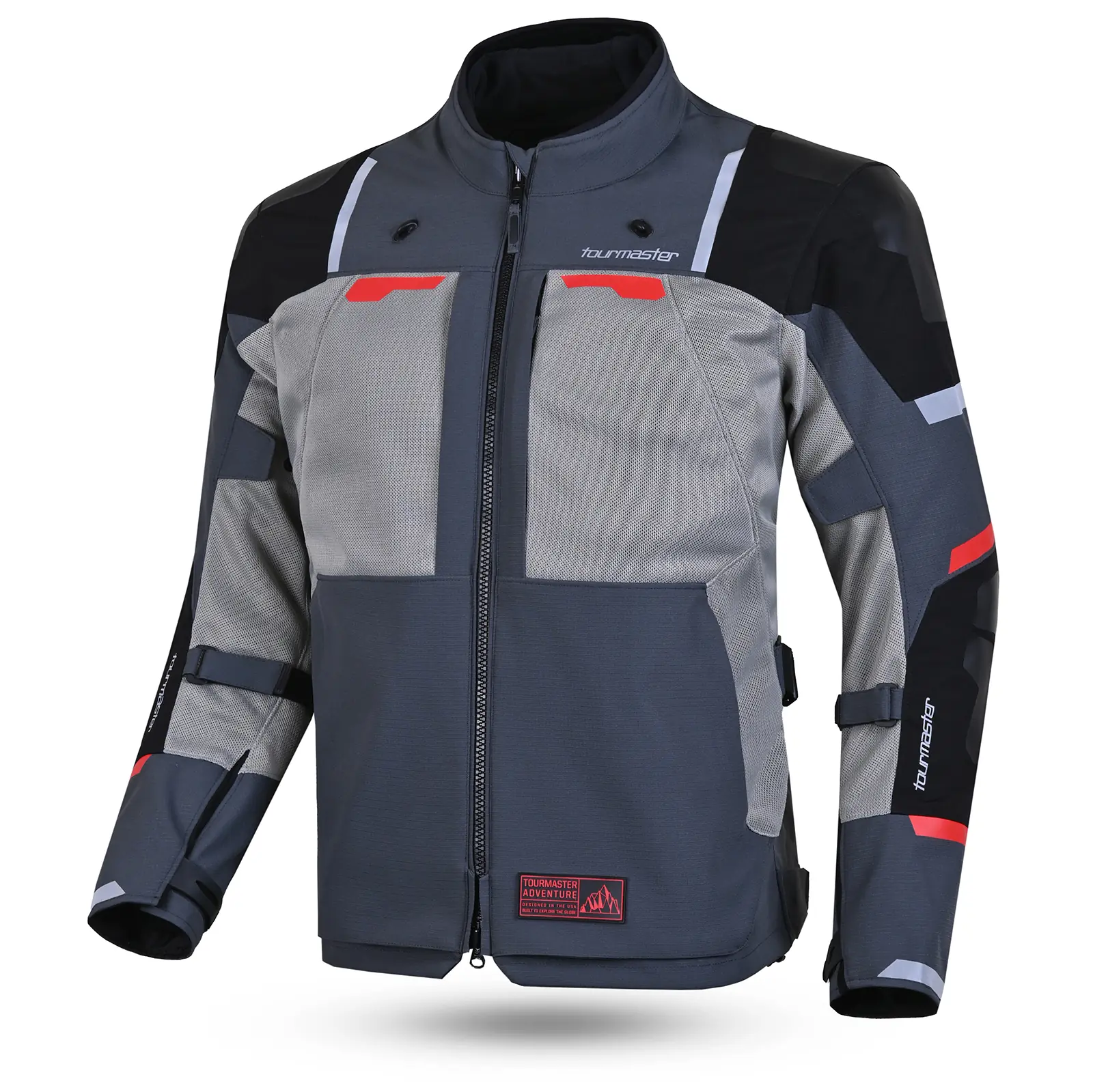 Chaqueta de motociclismo Tourmaster Adventure gris oscuro y claro con detalles en negro y rojo, cremallera frontal, paneles de malla y correas ajustables.