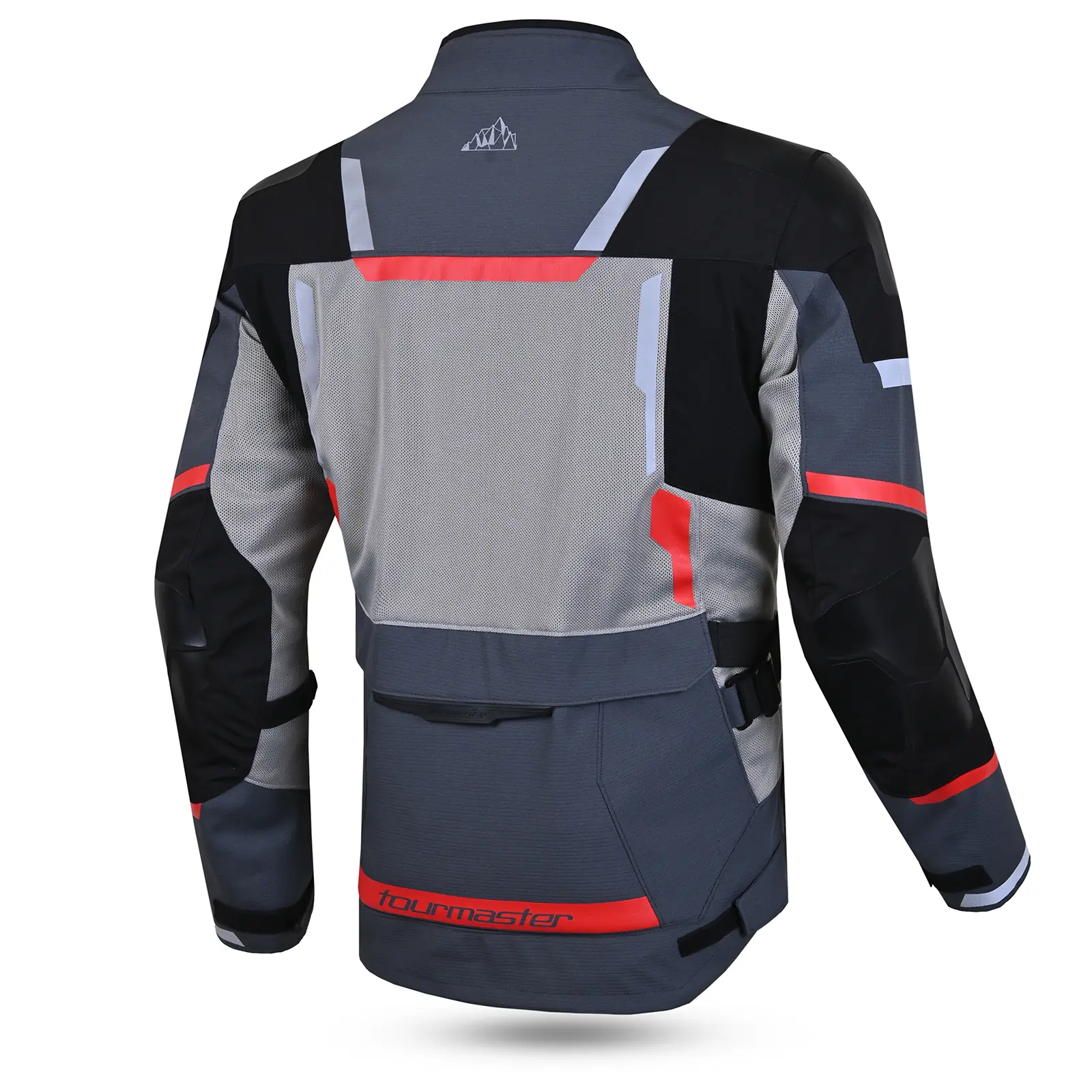 Vista trasera de chaqueta de motocicleta Tourmaster, gris y negra con detalles rojos, paneles de malla, tiras reflectantes y logo Tourmaster.