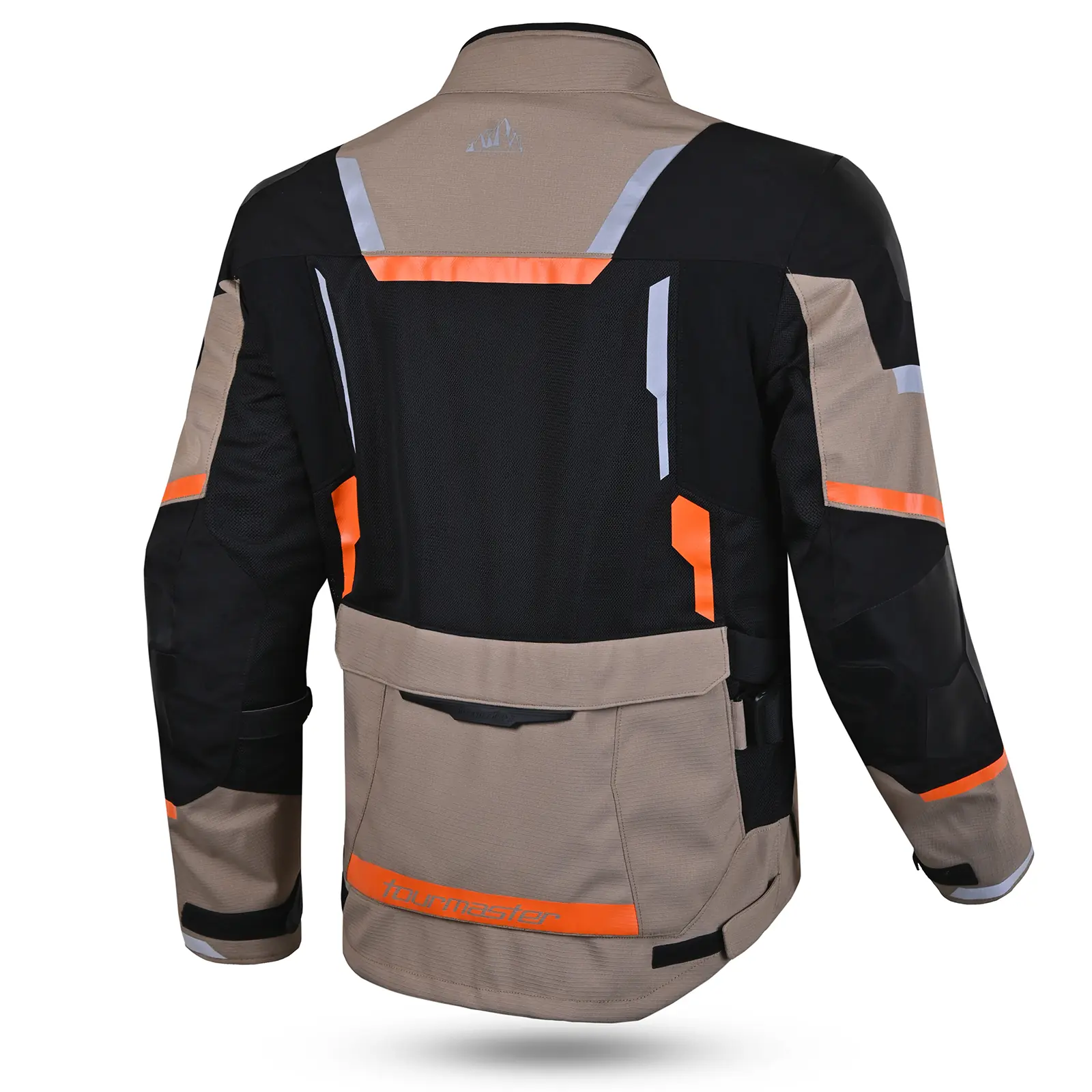 Vista trasera de chaqueta de motocicleta Tourmaster en colores negro, beige y naranja. Incluye paneles ventilados, franjas reflectantes y bolsillo trasero.