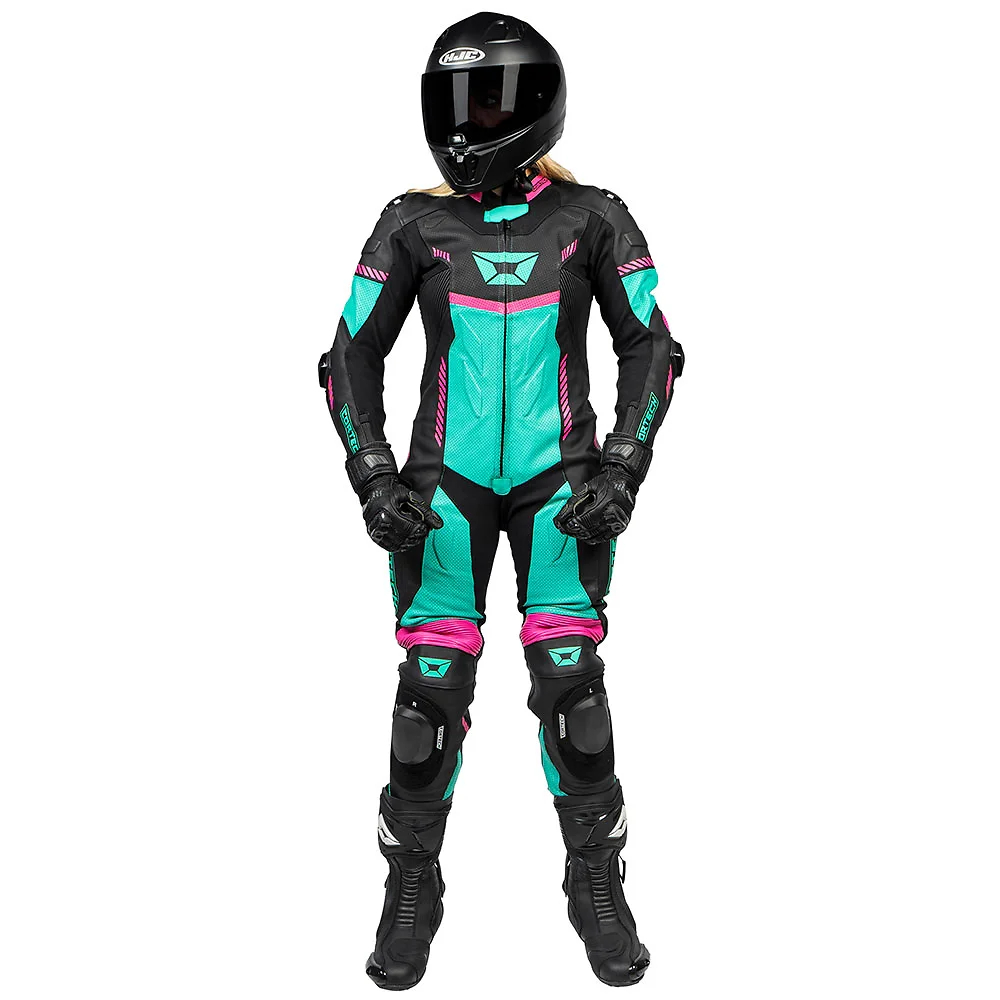Detalle de pintura y diseño en tonalidad Negro/Teal, XL del REVO SPORT AIR Mujer Traje de cuero - Moto Garage Miami