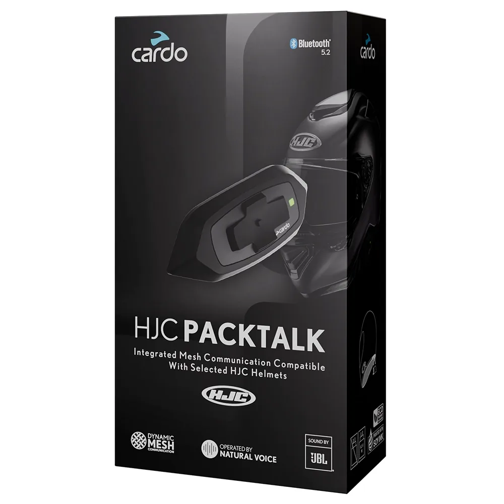Caja del sistema de comunicación Cardo HJC Packtalk Bluetooth 5.2 con tecnología Dynamic Mesh y sonido JBL.