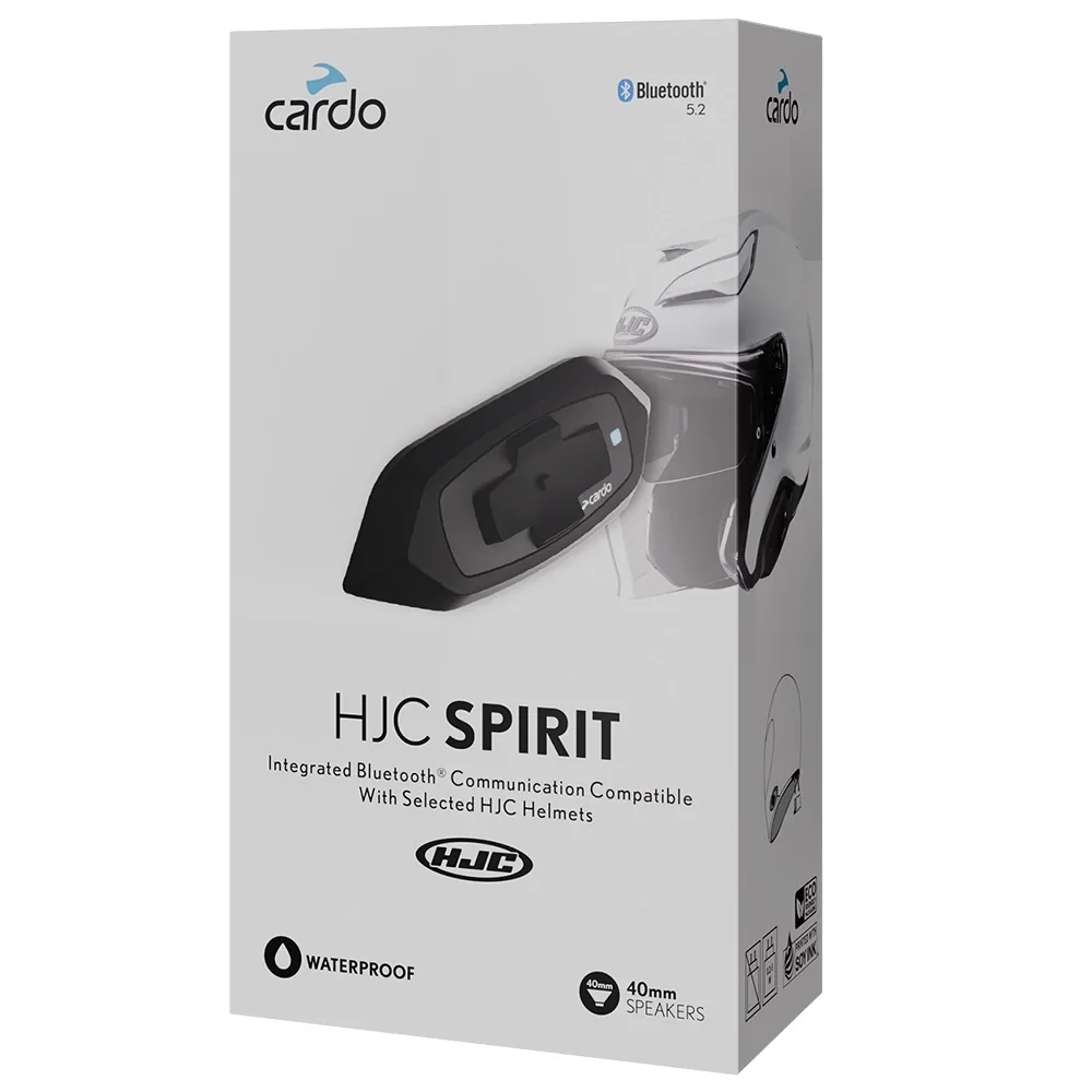 Caja del intercomunicador Cardo HJC Spirit Bluetooth 5.2 con altavoces de 40mm y resistencia al agua.