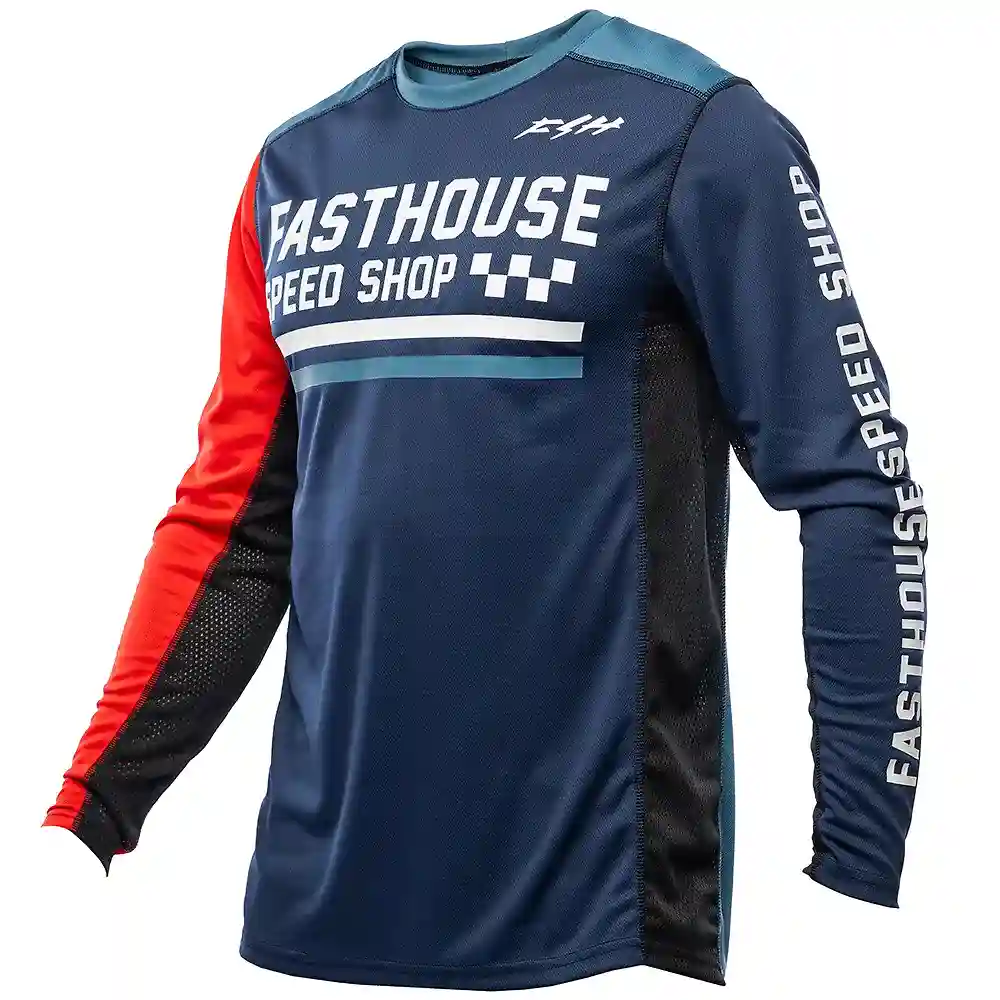 Detalle de pintura y diseño en tonalidad Azul/Rojo, 3XL del Grindhouse Hudson / Jersey - Moto Garage Miami