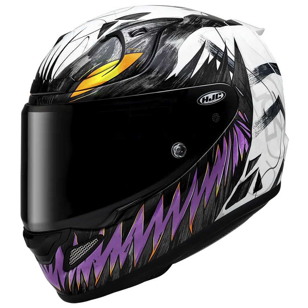Casco de motocicleta integral HJC RPHA 11 con diseño Venom en blanco, negro, morado y naranja, visor oscuro. Vista lateral derecha.
