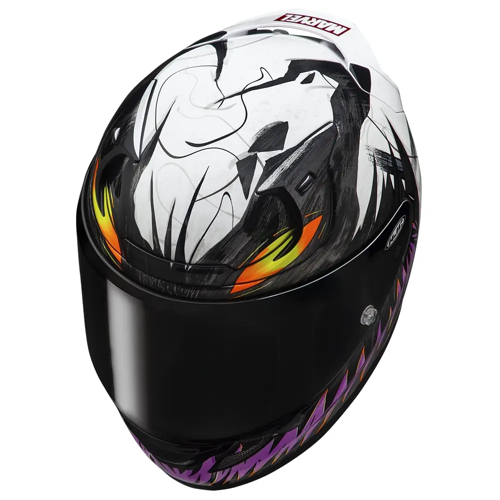 Casco integral HJC RPHA 11 con diseño de Venom de Marvel, colores blanco, negro, naranja y morado, visor oscuro.