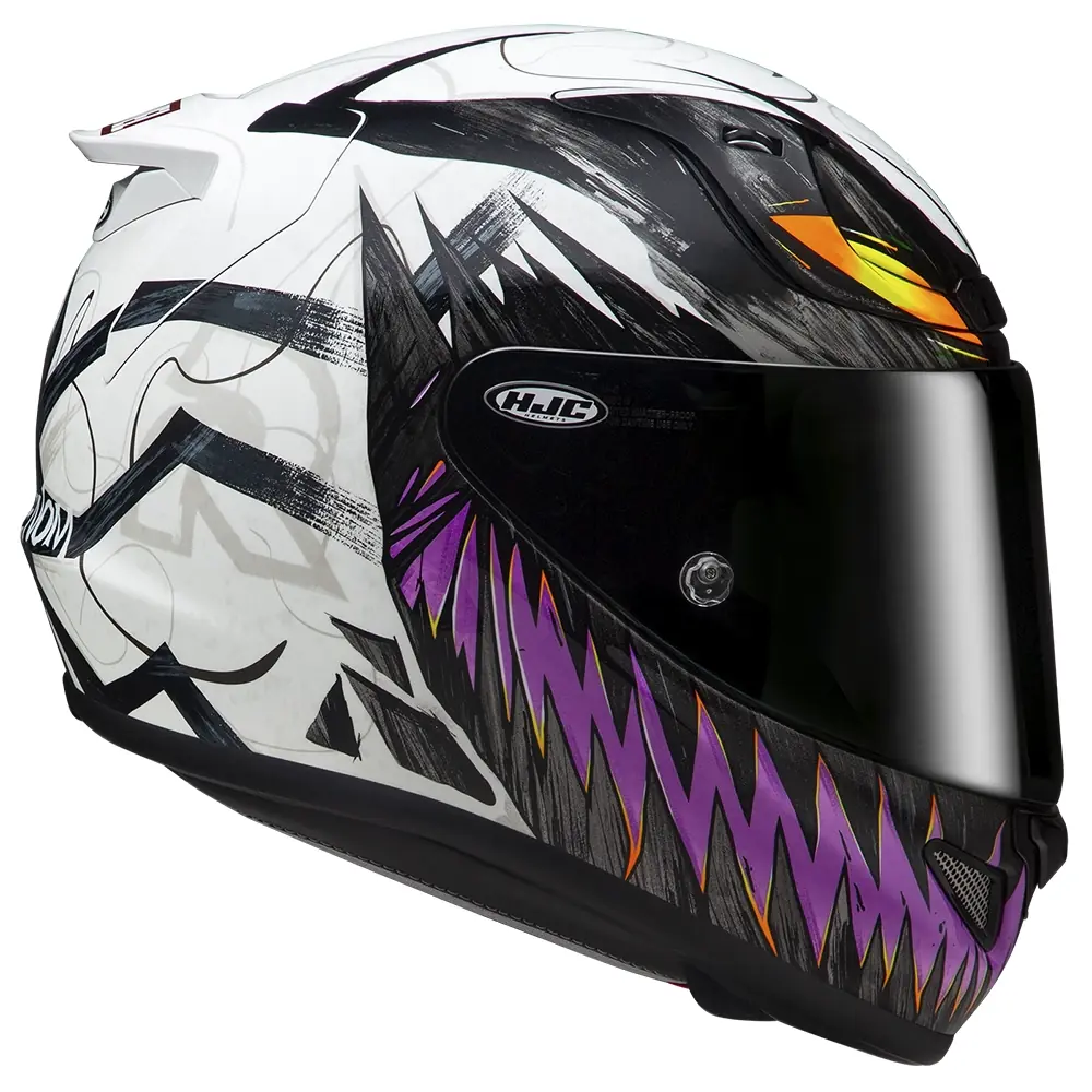 Casco de motocicleta integral HJC RPHA 11 blanco con gráficos abstractos en negro, morado y naranja, visera oscura.