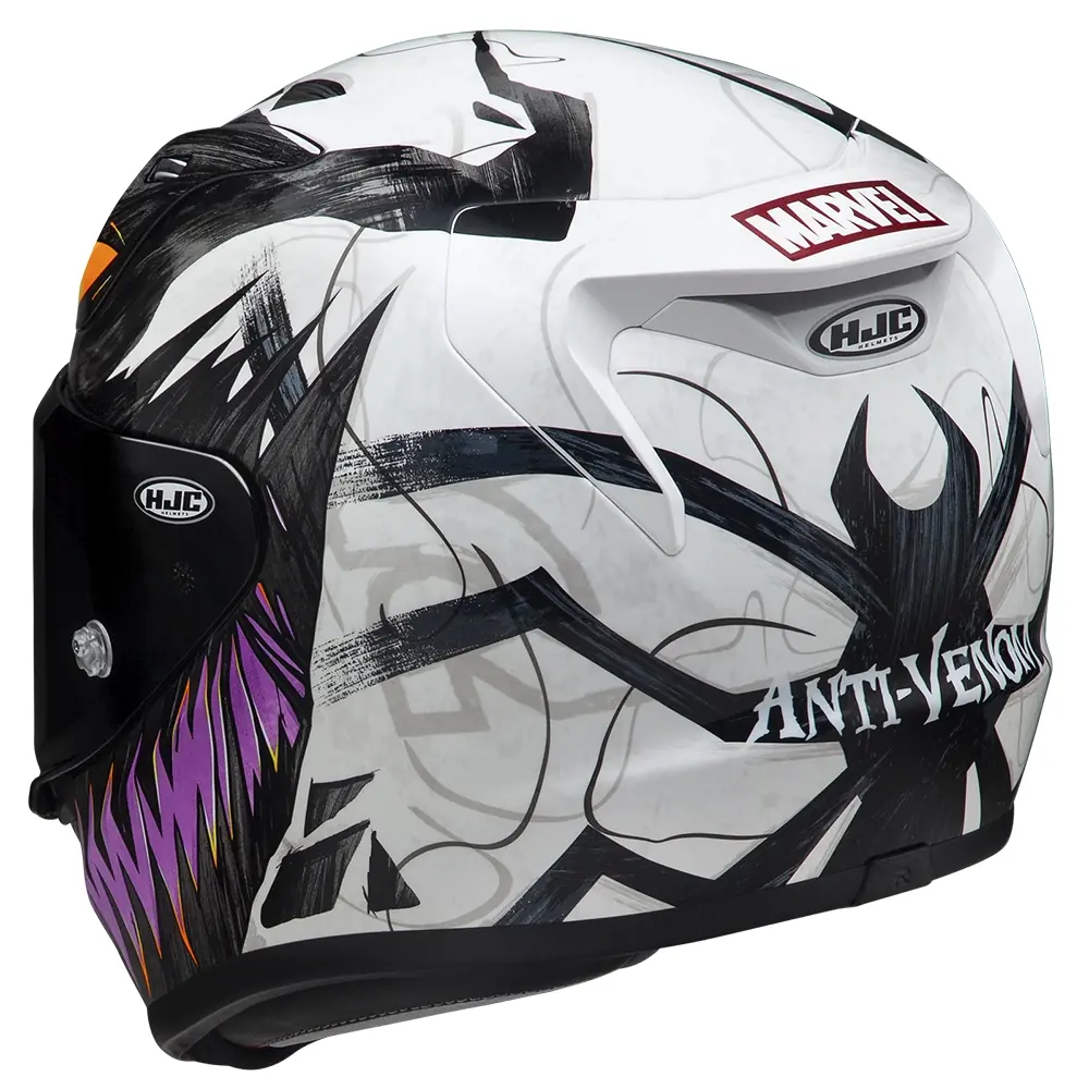 Casco de motocicleta HJC con gráficos Anti-Venom de Marvel, predominante blanco con detalles en negro, gris y morado, vista trasera-lateral.