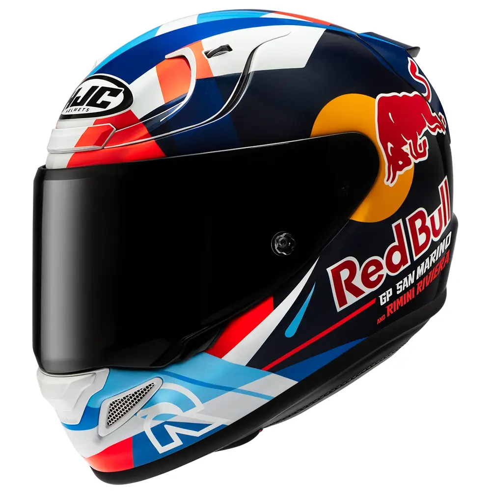 Casco de motocicleta HJC RPHA 1 con diseño gráfico Red Bull GP San Marino, visor oscuro, ventilaciones frontales y traseras, colores azul, rojo, blanco y naranja sobre fondo negro.