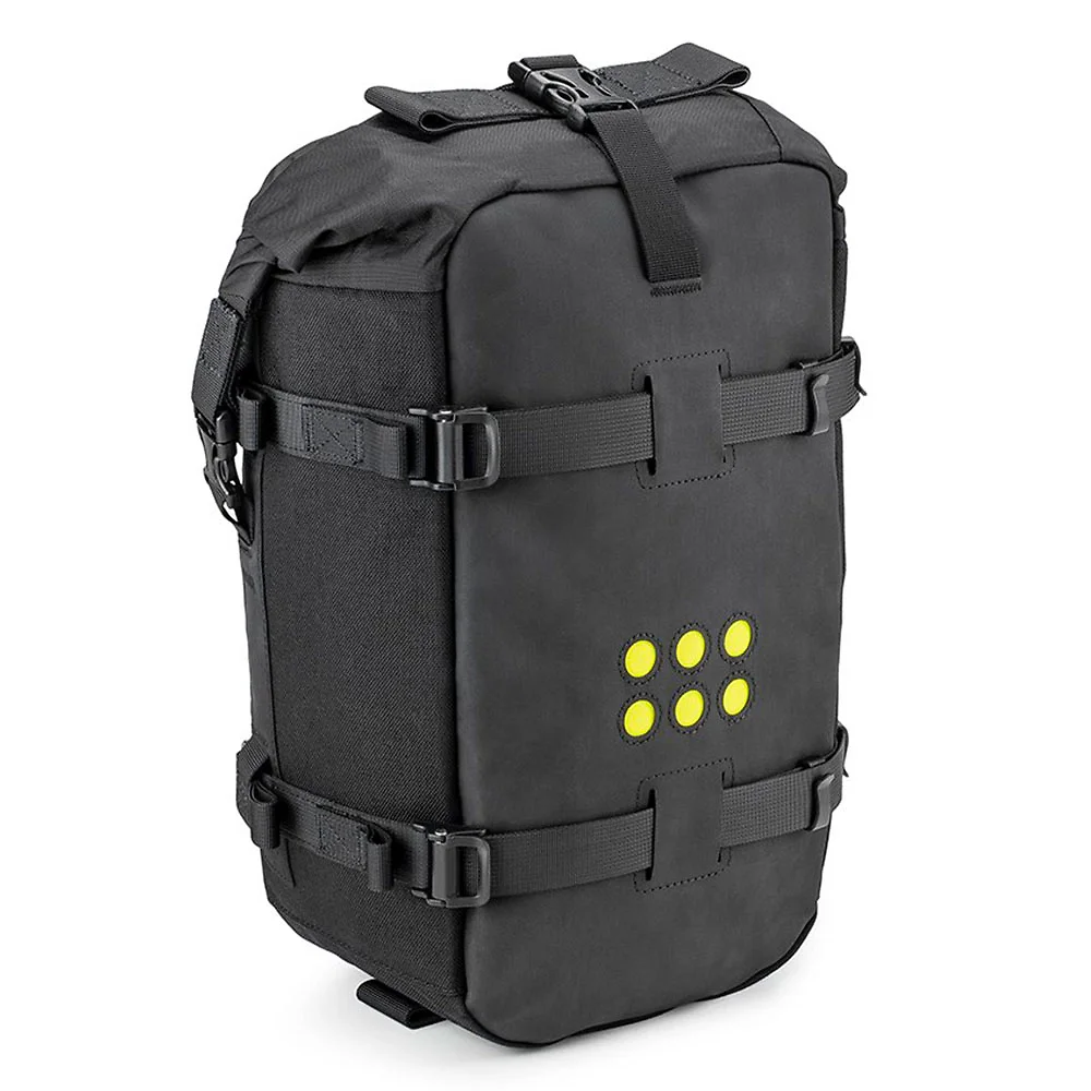 Vista frontal y diseño de calota del Kriega OS-12 ADVENTURE PACK - Moto Garage Miami