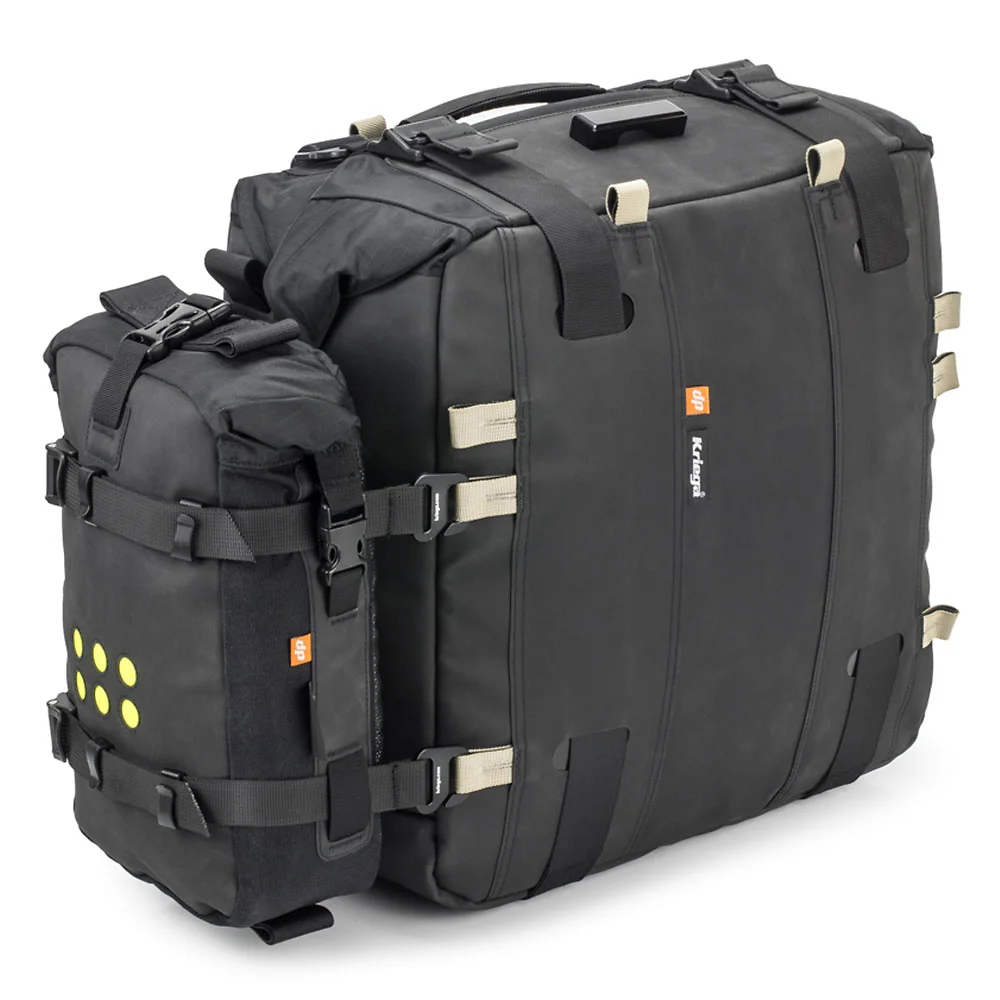 Vista frontal y diseño de calota del Kriega OS-6 ADVENTURE PACK - Moto Garage Miami