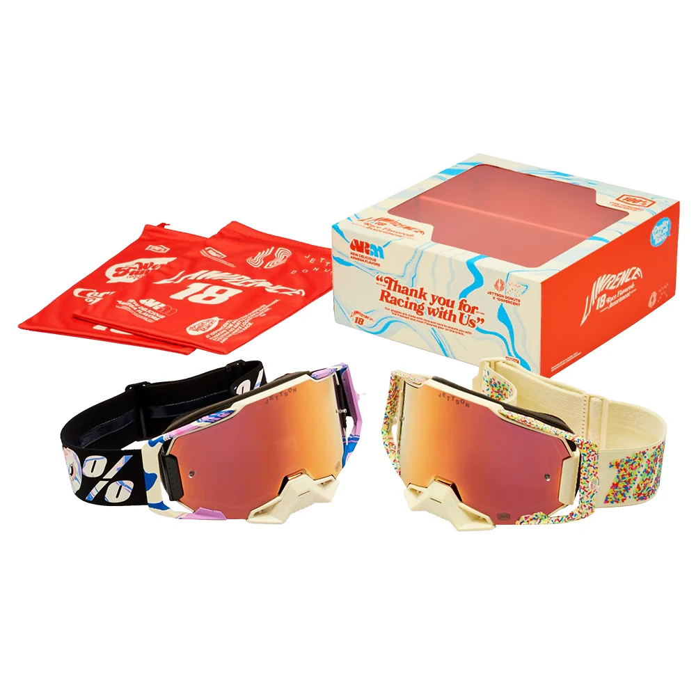 Vista frontal y diseño de calota del Goggles 100% ACCURI 2 DONUT Jett Lawrence - Moto Garage Miami