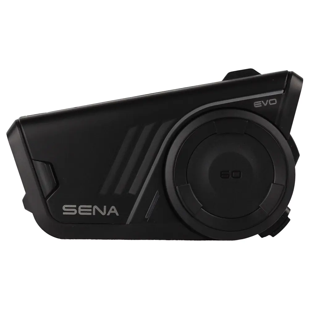 Dispositivo de comunicación Bluetooth Sena 50S EVO en color negro, vista frontal con logo Sena y detalles de control.