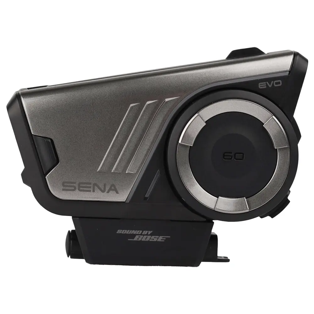 Dispositivo de comunicación Bluetooth Sena 50S EVO para casco de motocicleta, color gris oscuro, con altavoces Sound by Bose y control rotatorio.