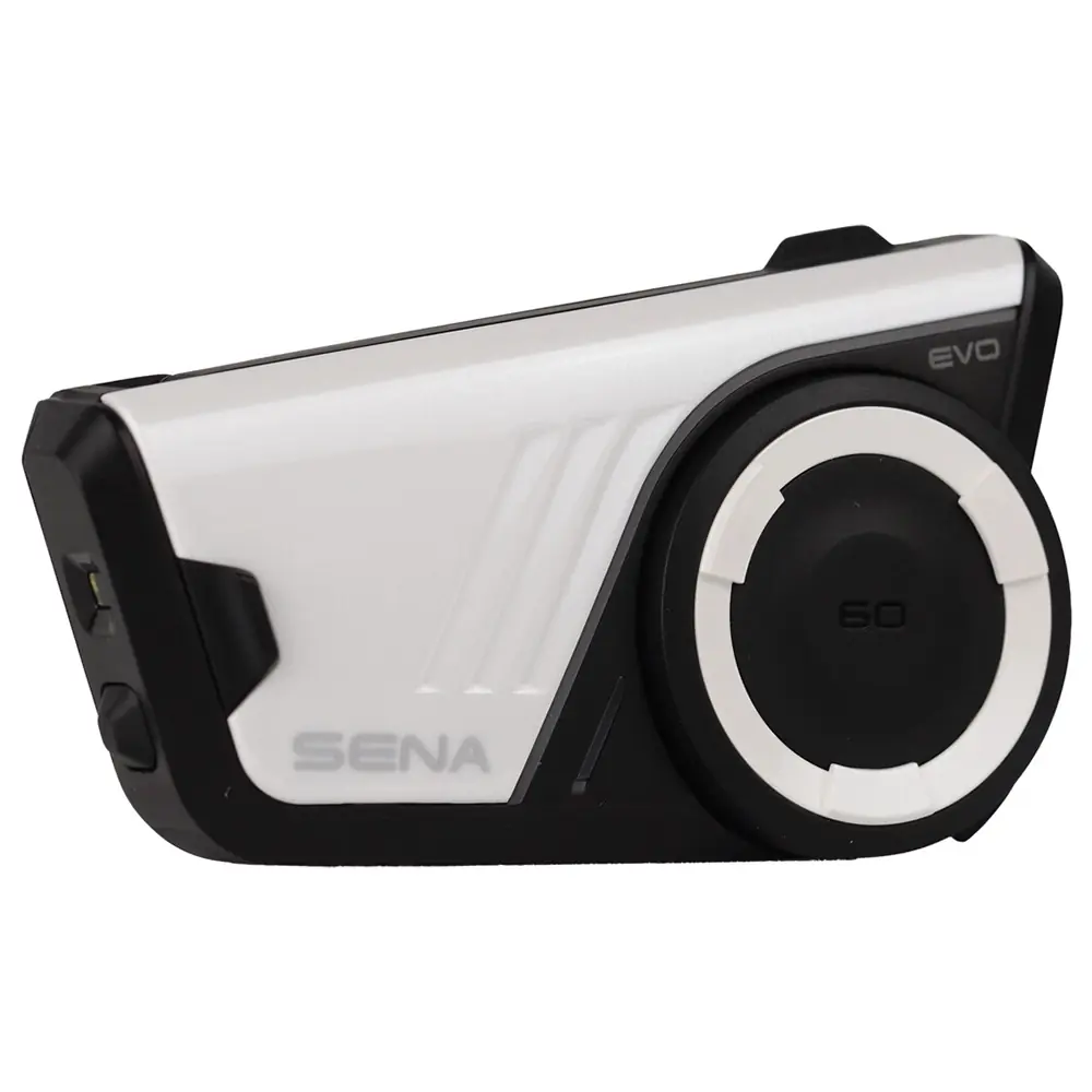 Dispositivo de comunicación Sena 50S EVO para casco de motocicleta, vista frontal angulada, color blanco y negro.