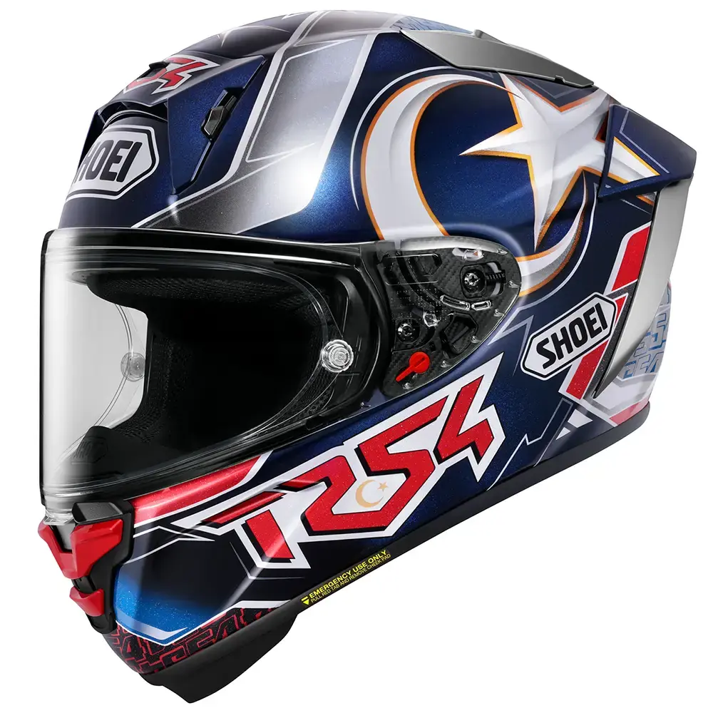 Casco integral Shoei con diseño gráfico en azul, plata, rojo y blanco, con estrella y luna creciente, vista lateral derecha.
