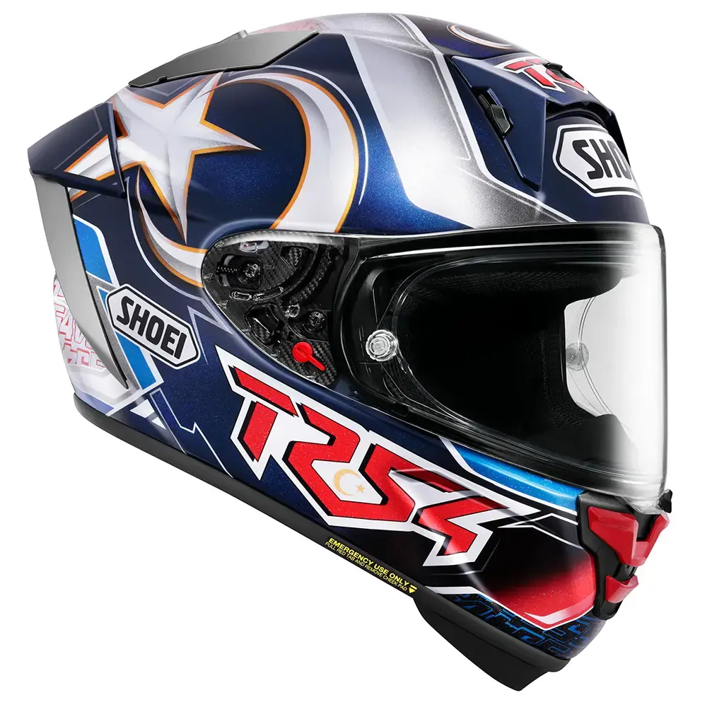 Casco integral de motocicleta Shoei X-SPR Pro con diseño gráfico azul, plateado y rojo, vista lateral derecha.