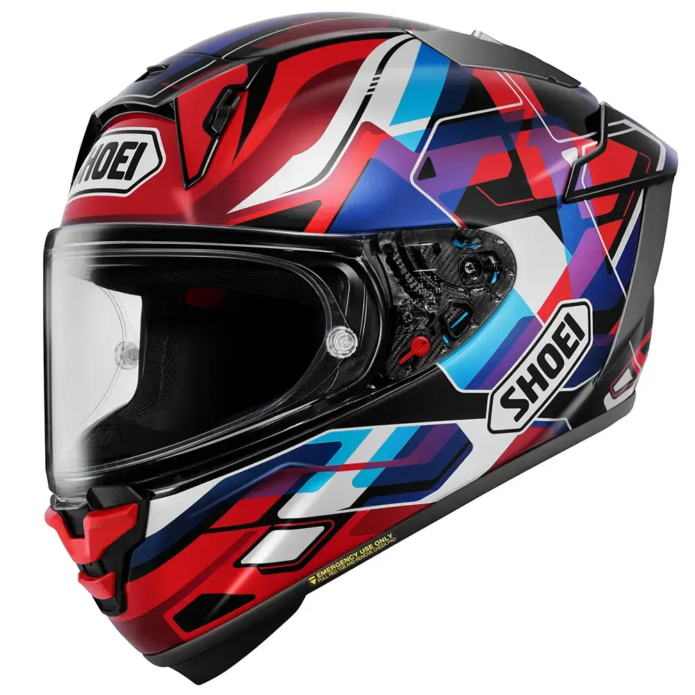 Casco integral de motocicleta Shoei con diseño gráfico multicolor (rojo, azul, morado, blanco) sobre base negra. Visor transparente. Vista lateral derecha.